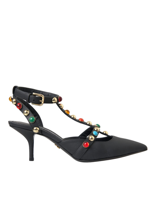 Dolce & Gabbana Schwarze Leder verschönerte Absätze Sandale Schuhe