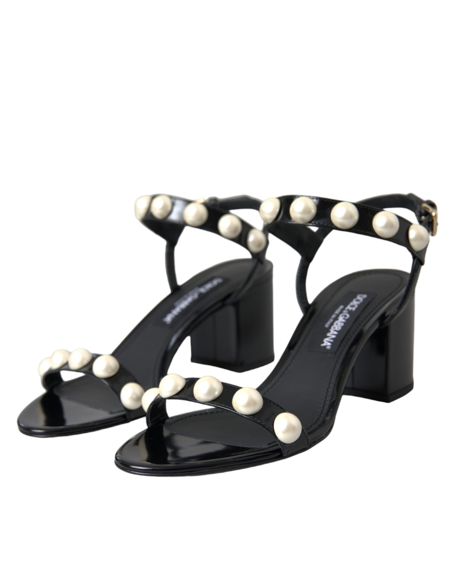 Dolce & Gabbana Schwarz Leder Faux Perle Ferse Sandalen Schuhe