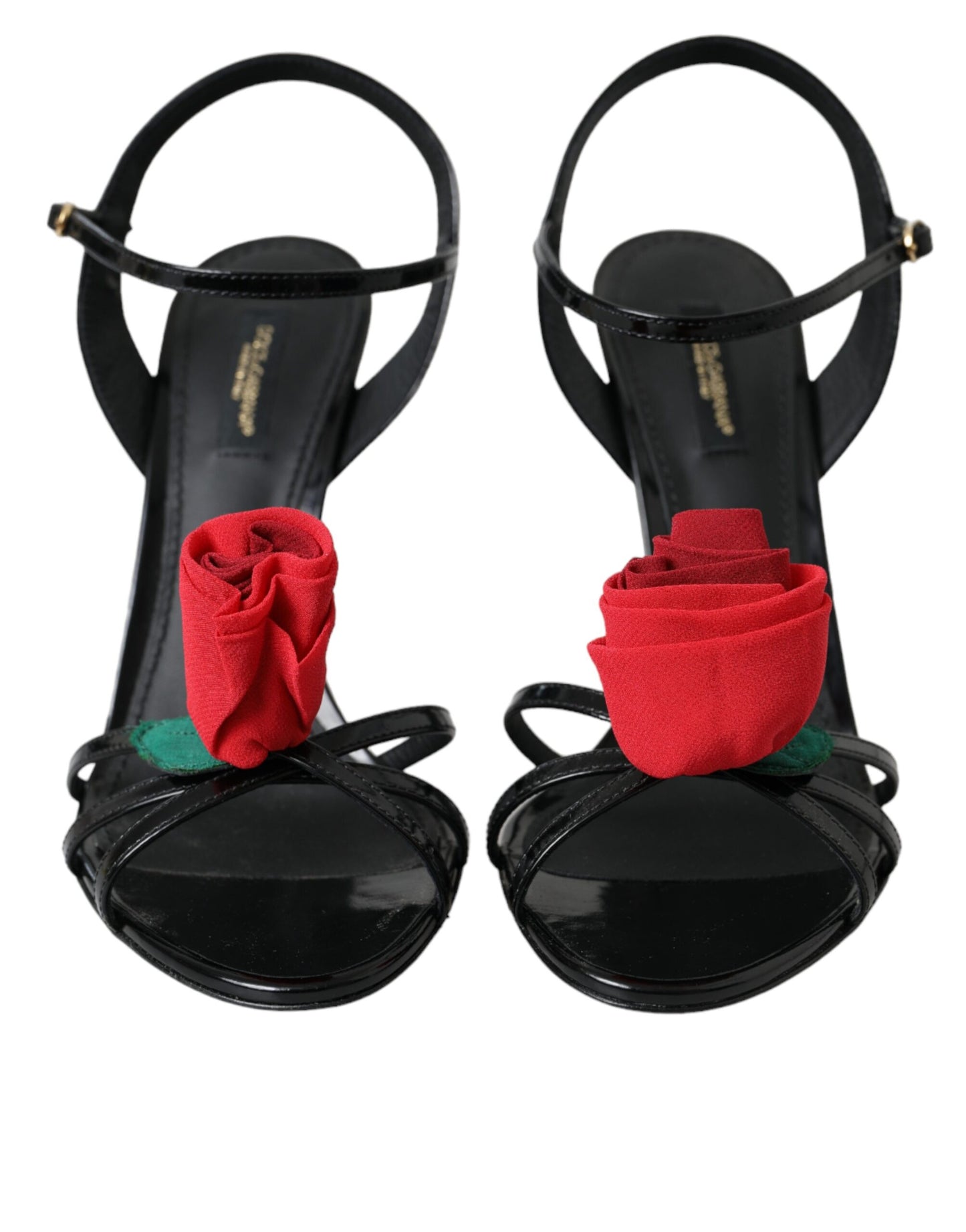 Dolce & Gabbana Schwarzes Leder Rose Knöchelriemchen Heels Sandalen Schuhe