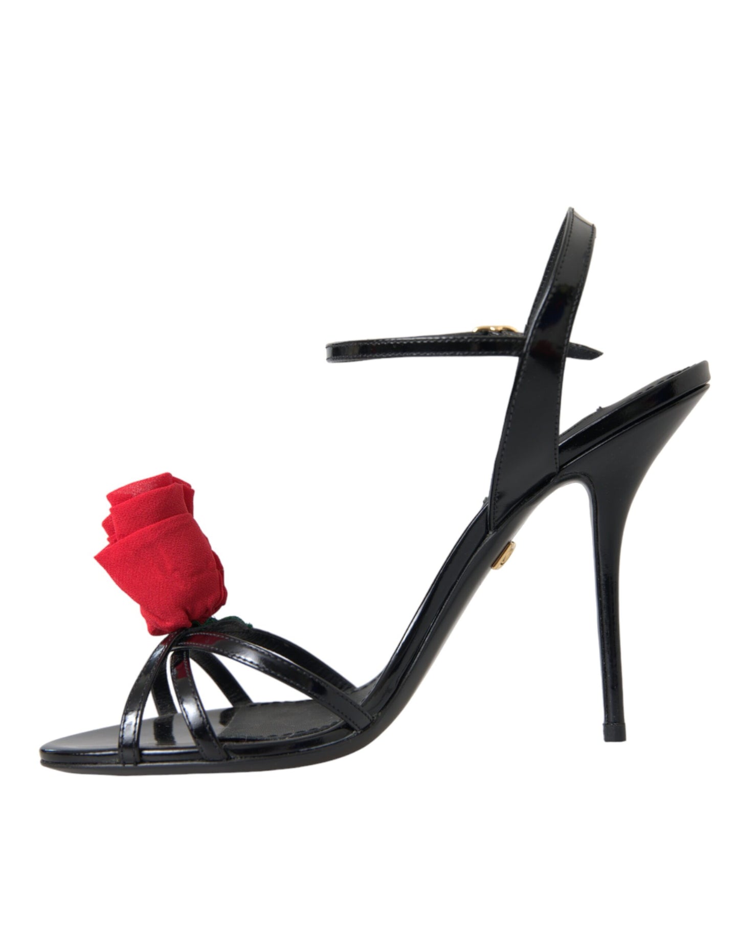 Dolce & Gabbana Schwarzes Leder Rose Knöchelriemchen Heels Sandalen Schuhe