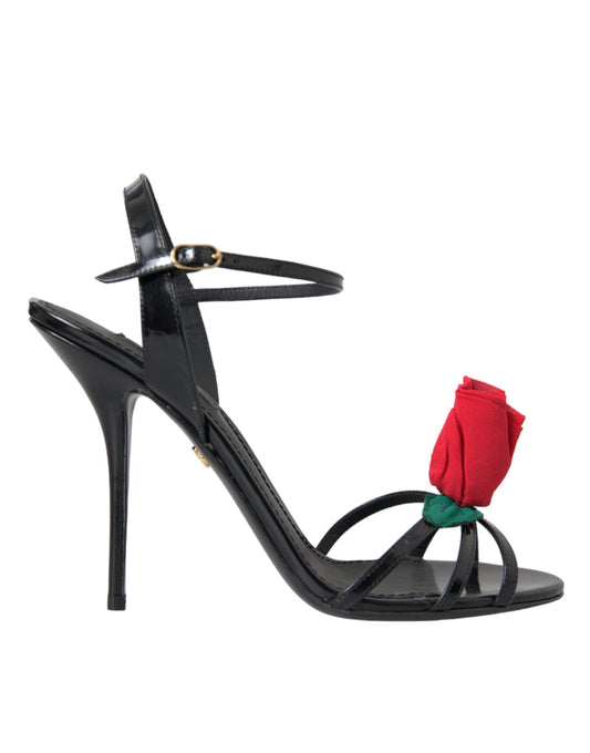 Dolce & Gabbana Schwarzes Leder Rose Knöchelriemchen Heels Sandalen Schuhe