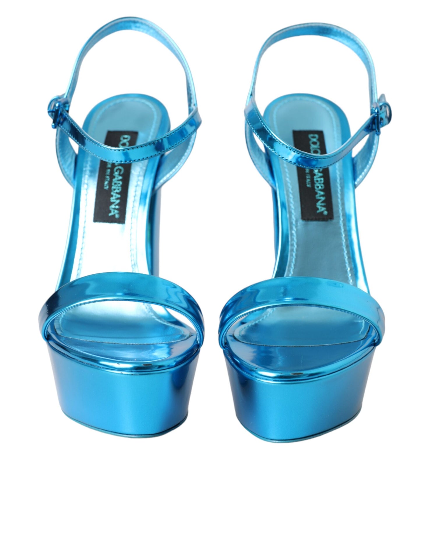 Dolce & Gabbana Metallic Blaue Leder Plateau Sandalen Schuhe