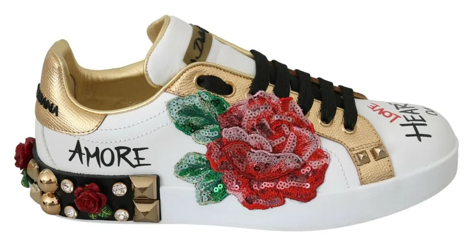 Dolce & Gabbana Weiß Rosen Pailletten Kristall Damen Turnschuhe Schuhe