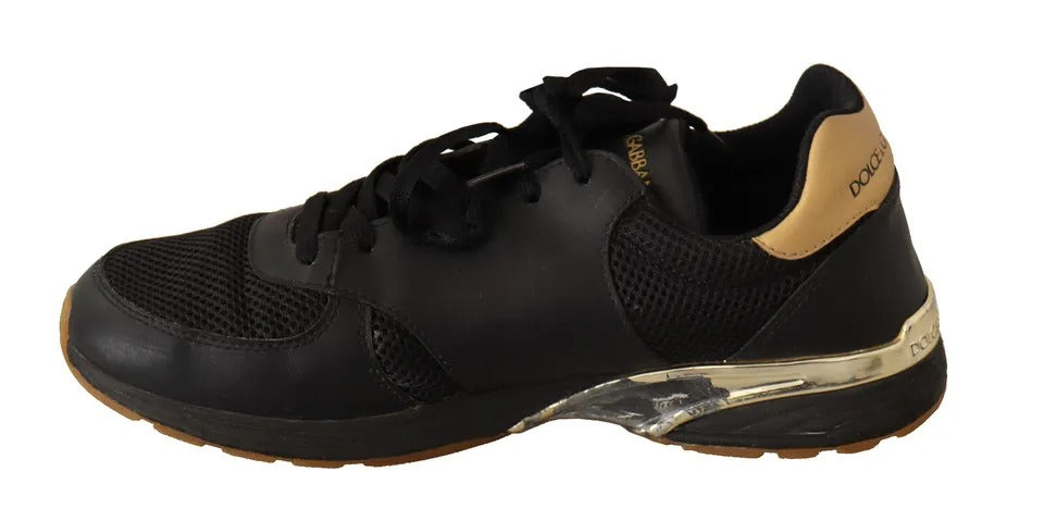 Dolce & Gabbana Schwarz Gold Leder Low Turnschuhe Sneakers Männer Schuhe