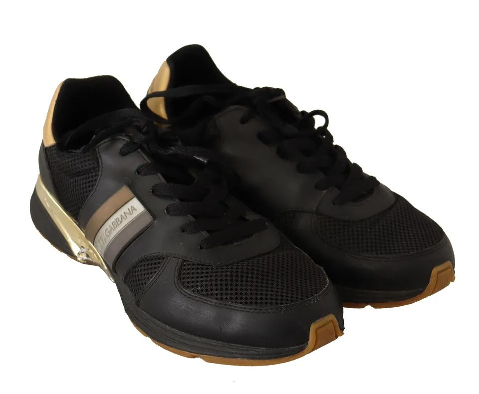 Dolce & Gabbana Schwarz Gold Leder Low Turnschuhe Sneakers Männer Schuhe