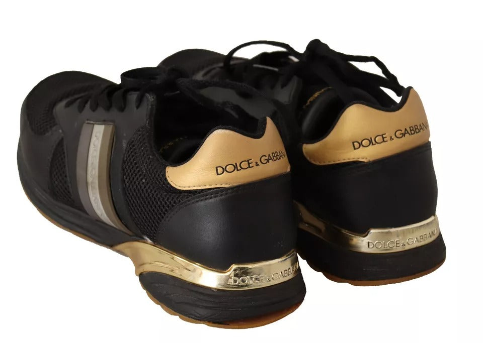 Dolce & Gabbana Schwarz Gold Leder Low Turnschuhe Sneakers Männer Schuhe