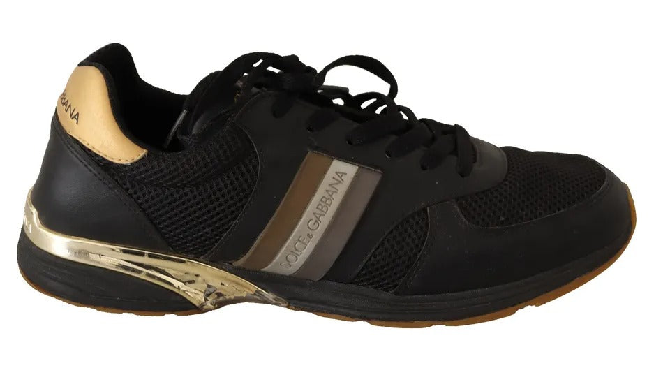 Dolce & Gabbana Schwarz Gold Leder Low Turnschuhe Sneakers Männer Schuhe