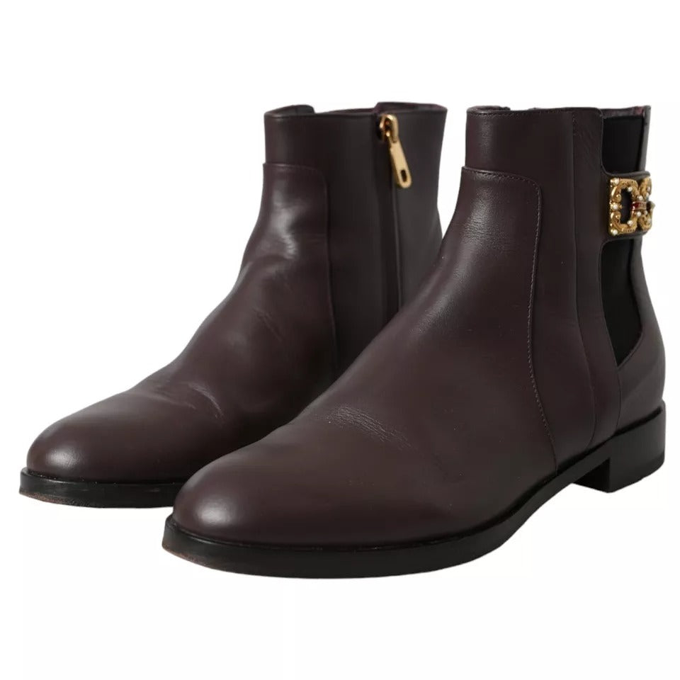 Dolce & Gabbana Braunes Leder AMORE Flats Ankle Boots Schuhe