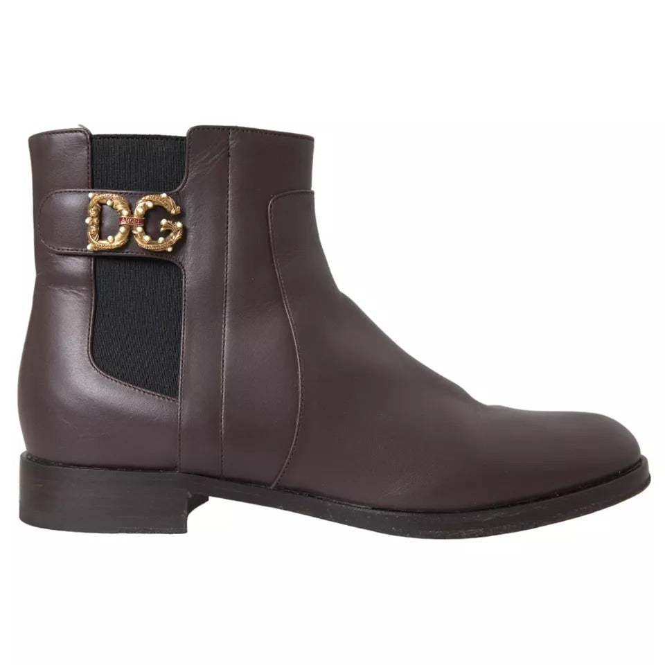 Dolce & Gabbana Braunes Leder AMORE Flats Ankle Boots Schuhe