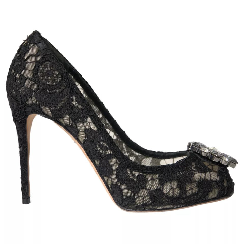 Dolce & Gabbana Schwarz Taormina Spitze Kristall Absatz Pumps Schuhe