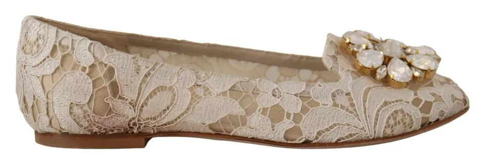 Dolce & Gabbana Beige Spitze Kristall Ballett Flats Loafers Schuhe