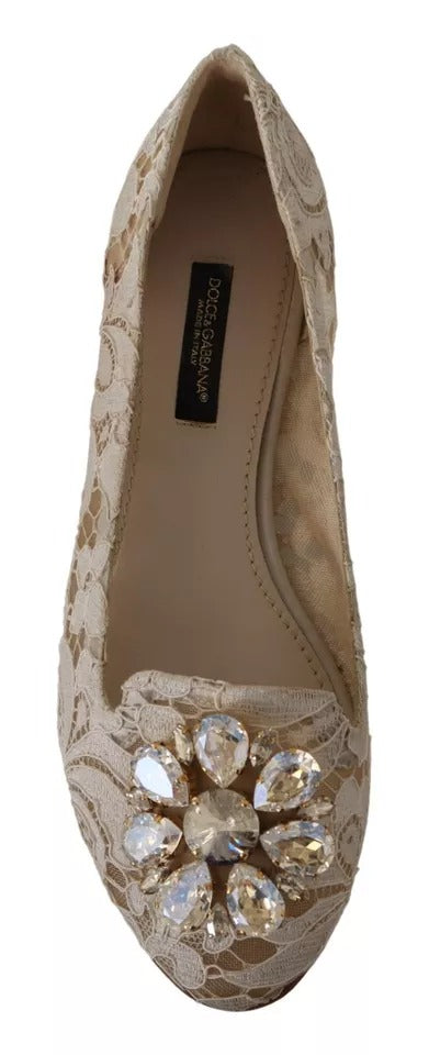 Dolce & Gabbana Beige Spitze Kristall Ballett Flats Loafers Schuhe