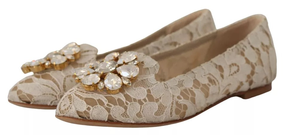 Dolce & Gabbana Beige Spitze Kristall Ballett Flats Loafers Schuhe