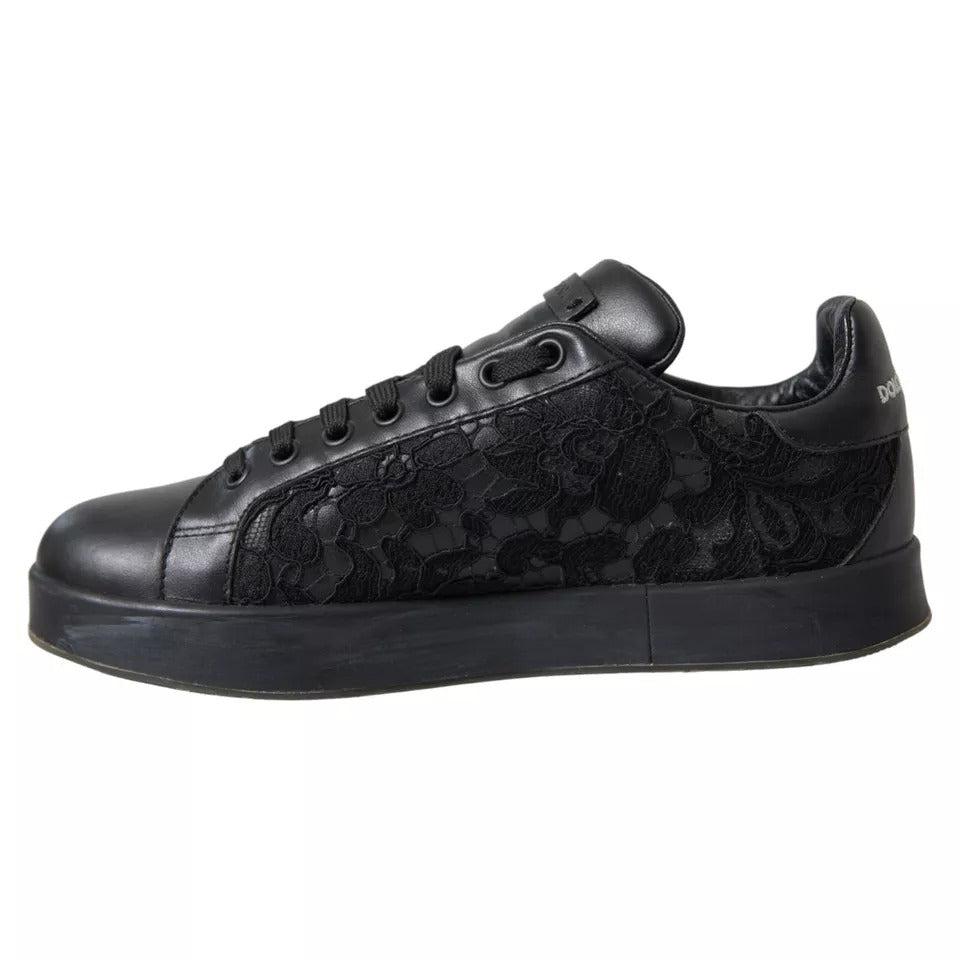 Dolce & Gabbana Schwarz Floral Spitze Leder Frauen Turnschuhe Schuhe