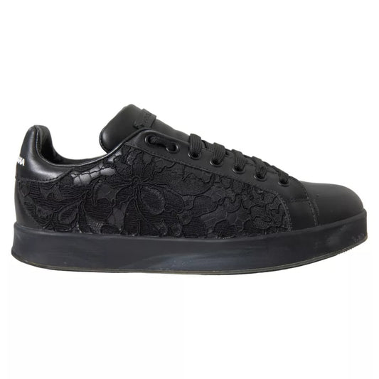 Dolce & Gabbana Schwarz Floral Spitze Leder Frauen Turnschuhe Schuhe