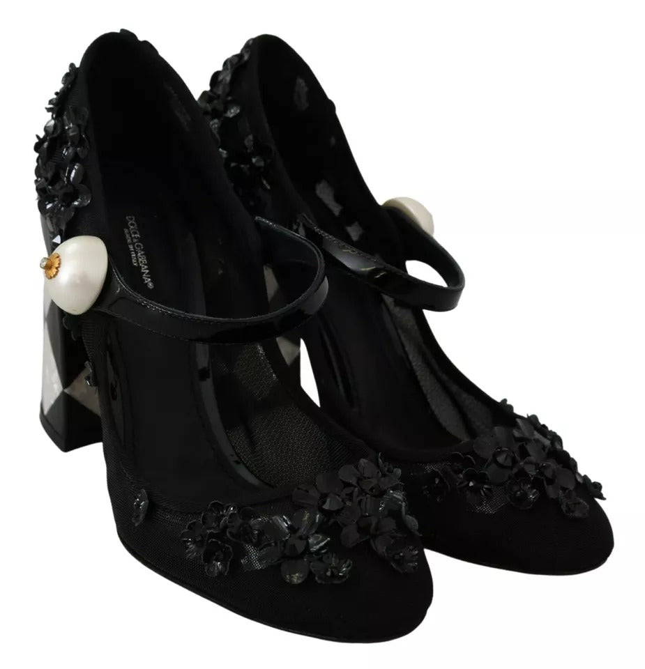 Dolce & Gabbana Schwarz Floral Embellish Heels Mary Janes Pumps Schuhe