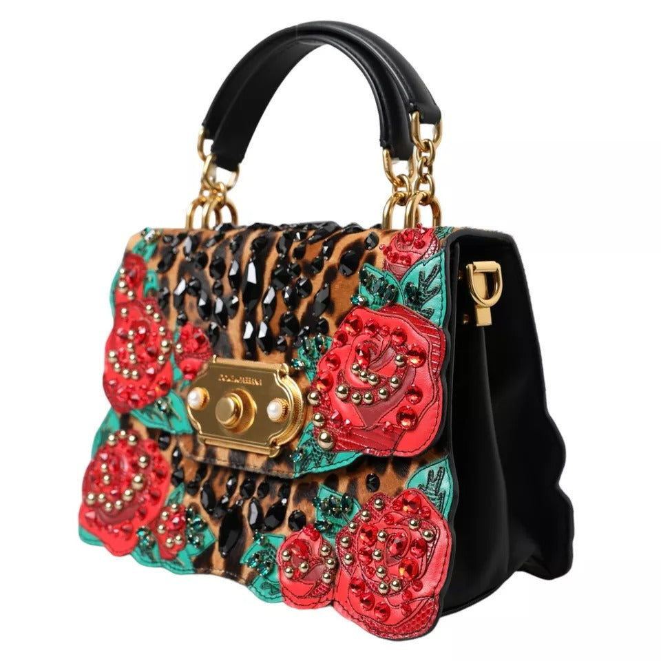 Dolce & Gabbana Multicolor Leopard Crystal Roses WELCOME Pelztasche