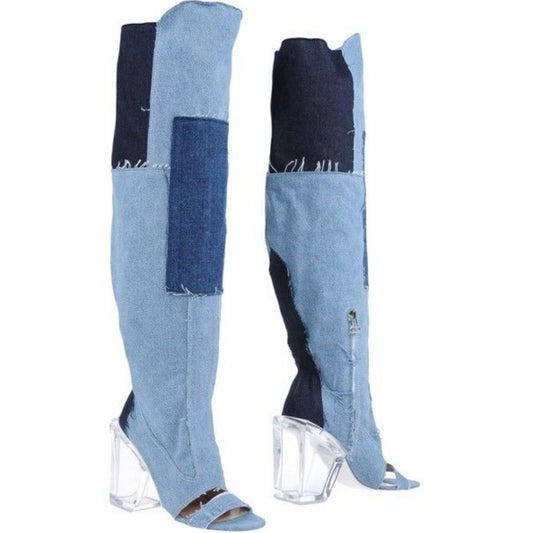 Off-White Schicke Vintage-Stiefel aus Denim und mit transparentem Absatz