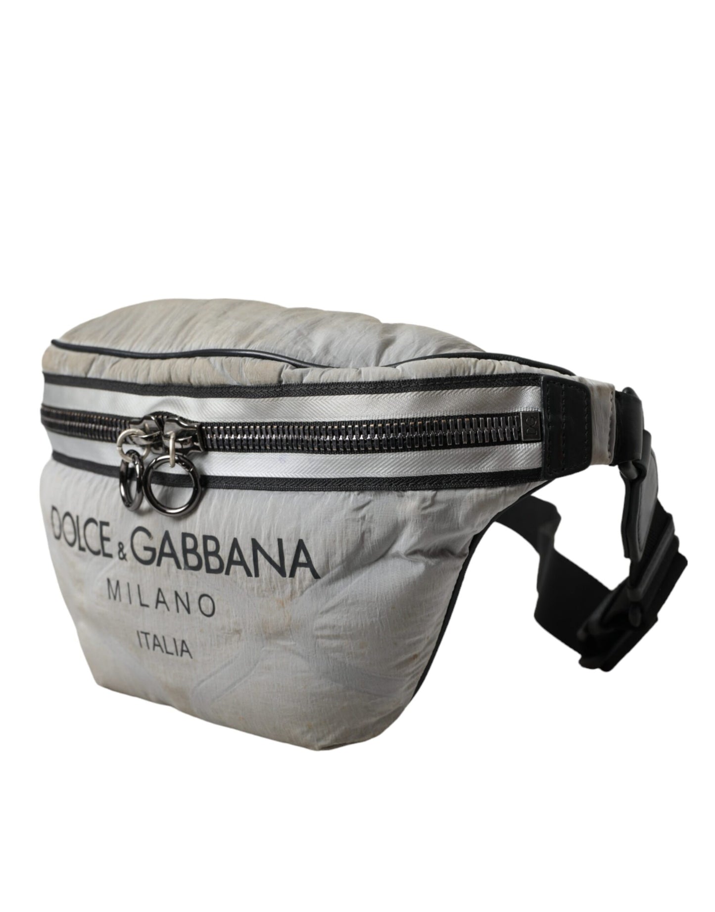 Dolce & Gabbana Silber Schwarz Nylon Leder Logo Gürteltasche