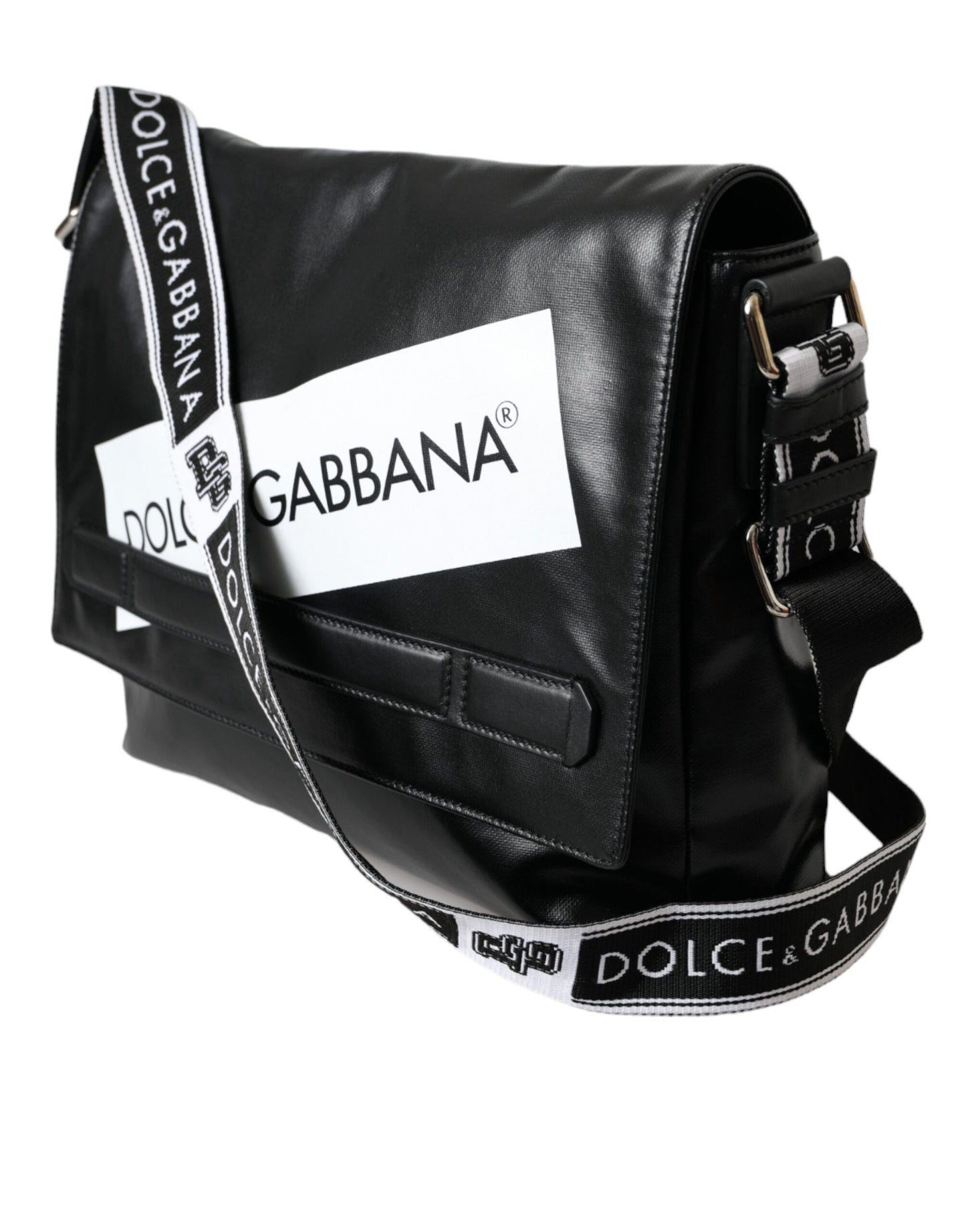 Dolce & Gabbana Messenger Bag aus schwarzem Kalbsleder und beschichtetem Canvas mit Logo-Paneel