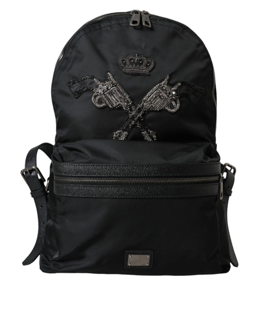 Dolce & Gabbana Schwarzer Nylon-Rucksack mit verschönerten Kronen