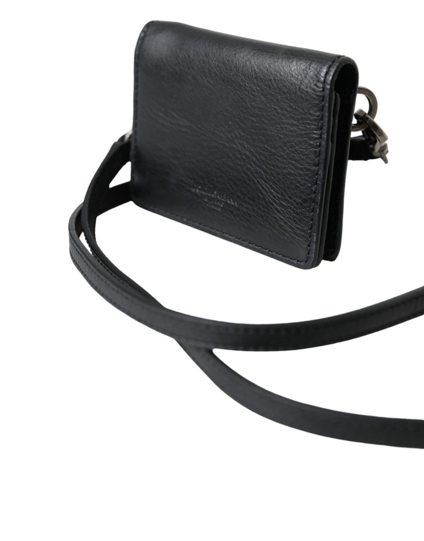 Dolce & Gabbana Schwarzes Leder Bifold Sling Frauen Kartenhalter Geldbörse Brieftasche