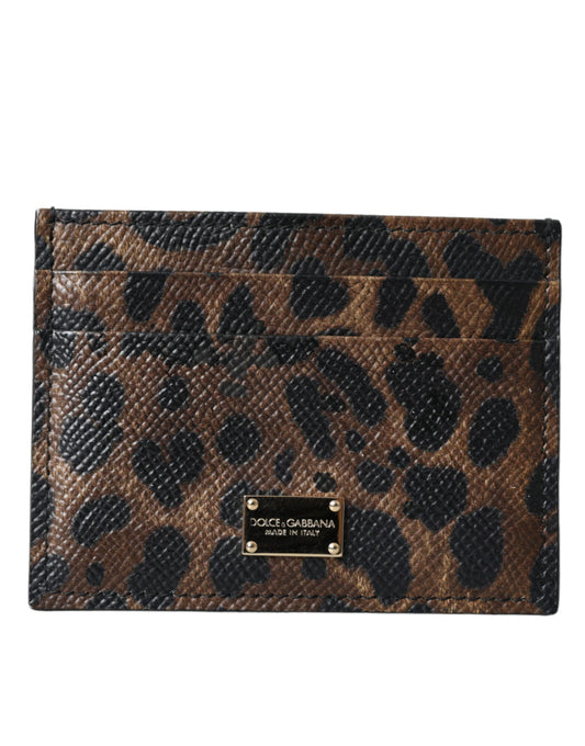 Dolce & Gabbana Braunes Leder Leopard Logo Plaque Damen Karteninhaber Brieftasche