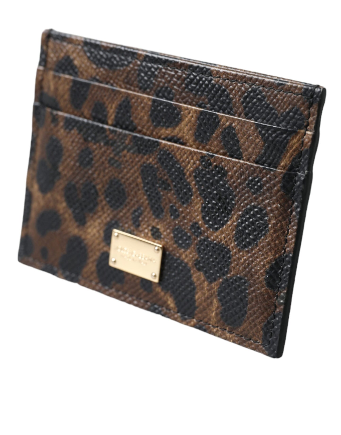 Dolce & Gabbana Braunes Leder Leopard Logo Plaque Damen Karteninhaber Brieftasche