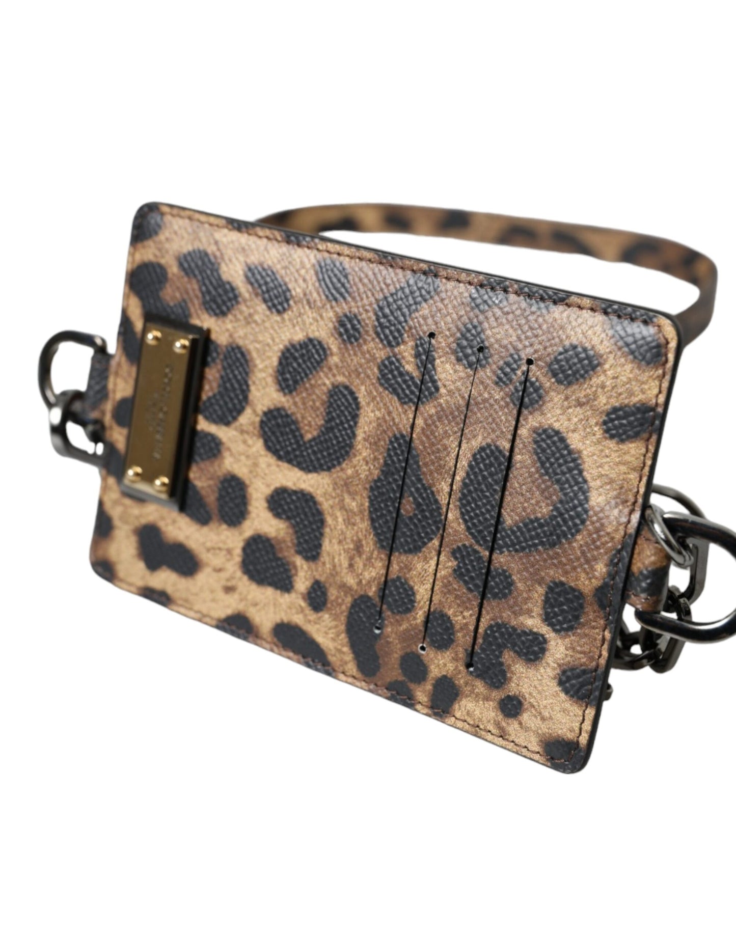 Dolce & Gabbana Braunes Leder Leopardendruck Logo Plaque Karteninhaber Brieftasche