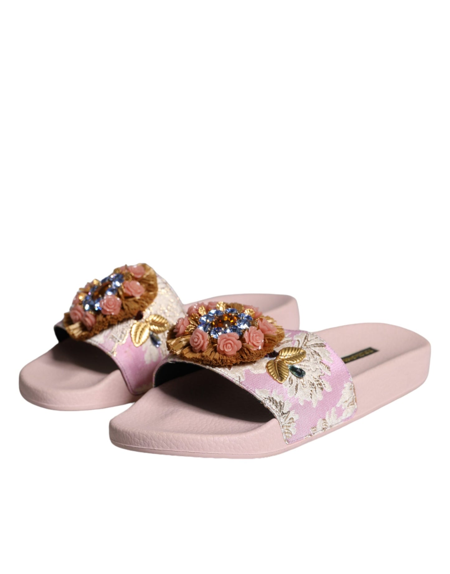 Dolce & Gabbana Rosa Brokat-Kristall-Sandalen Pantoletten Strandmode Schuhe