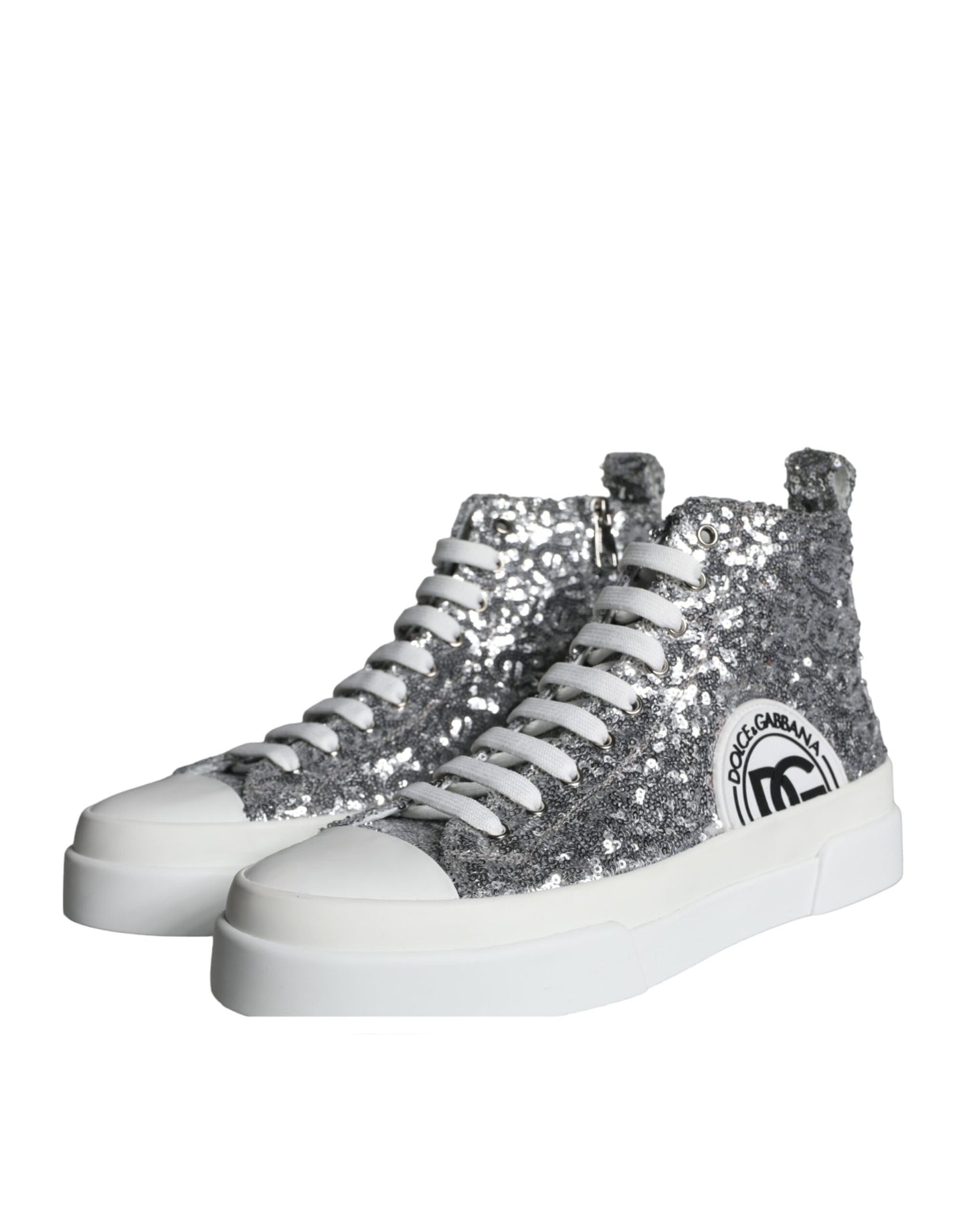 Dolce & Gabbana Silber Weiß Pailletten High Top Turnschuhe Schuhe