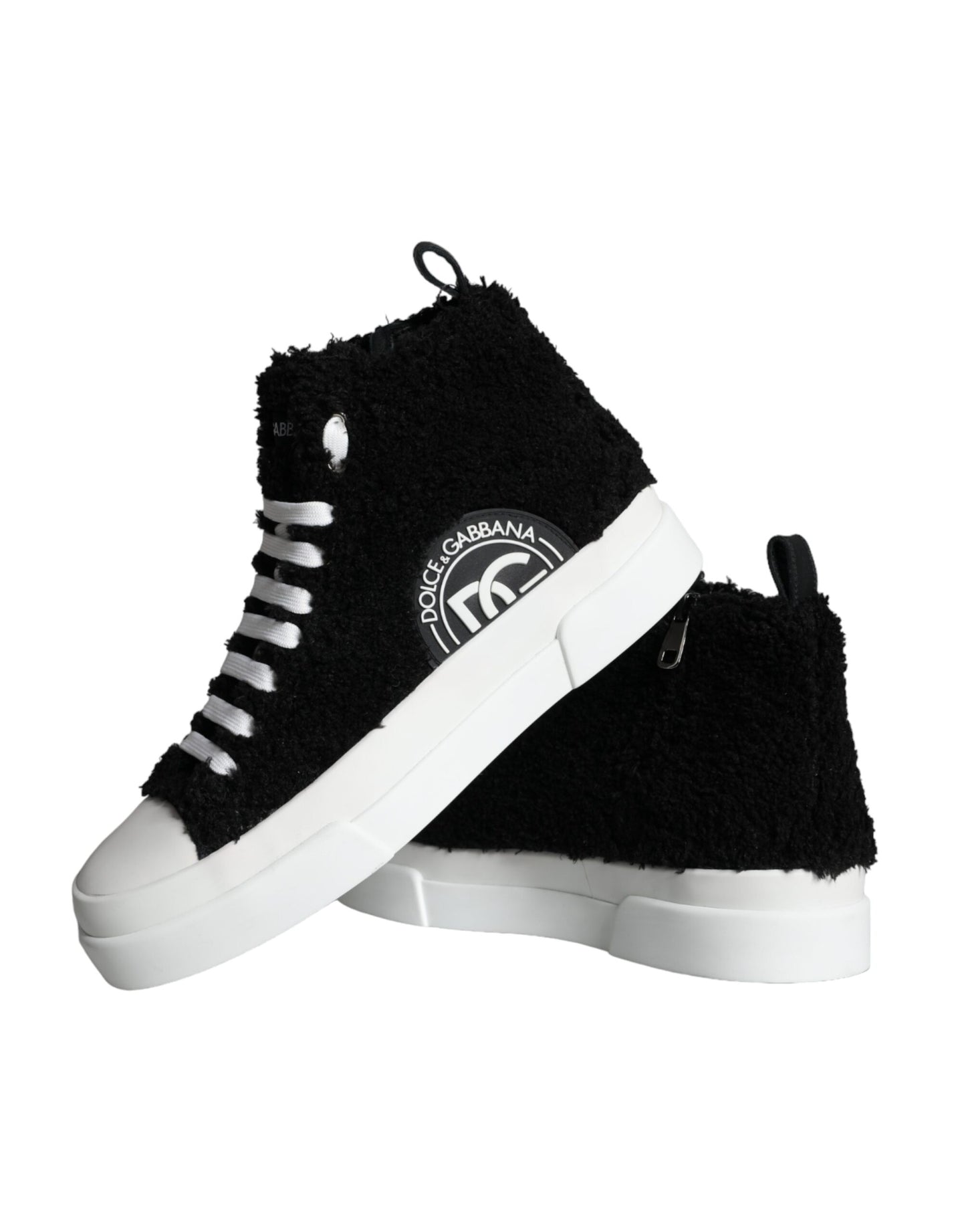 Dolce & Gabbana Schwarz Weiß Fell Logo High Top Sneaker Schuhe