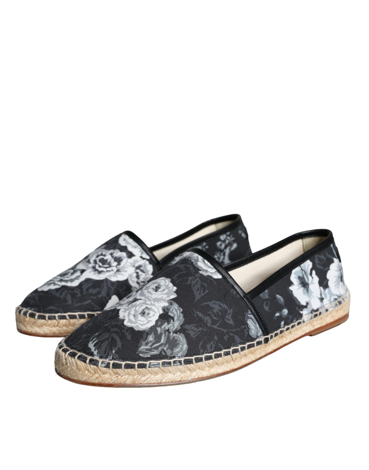 Dolce & Gabbana Schwarze Espadrilles aus Baumwolle und Leder mit Blumenmuster