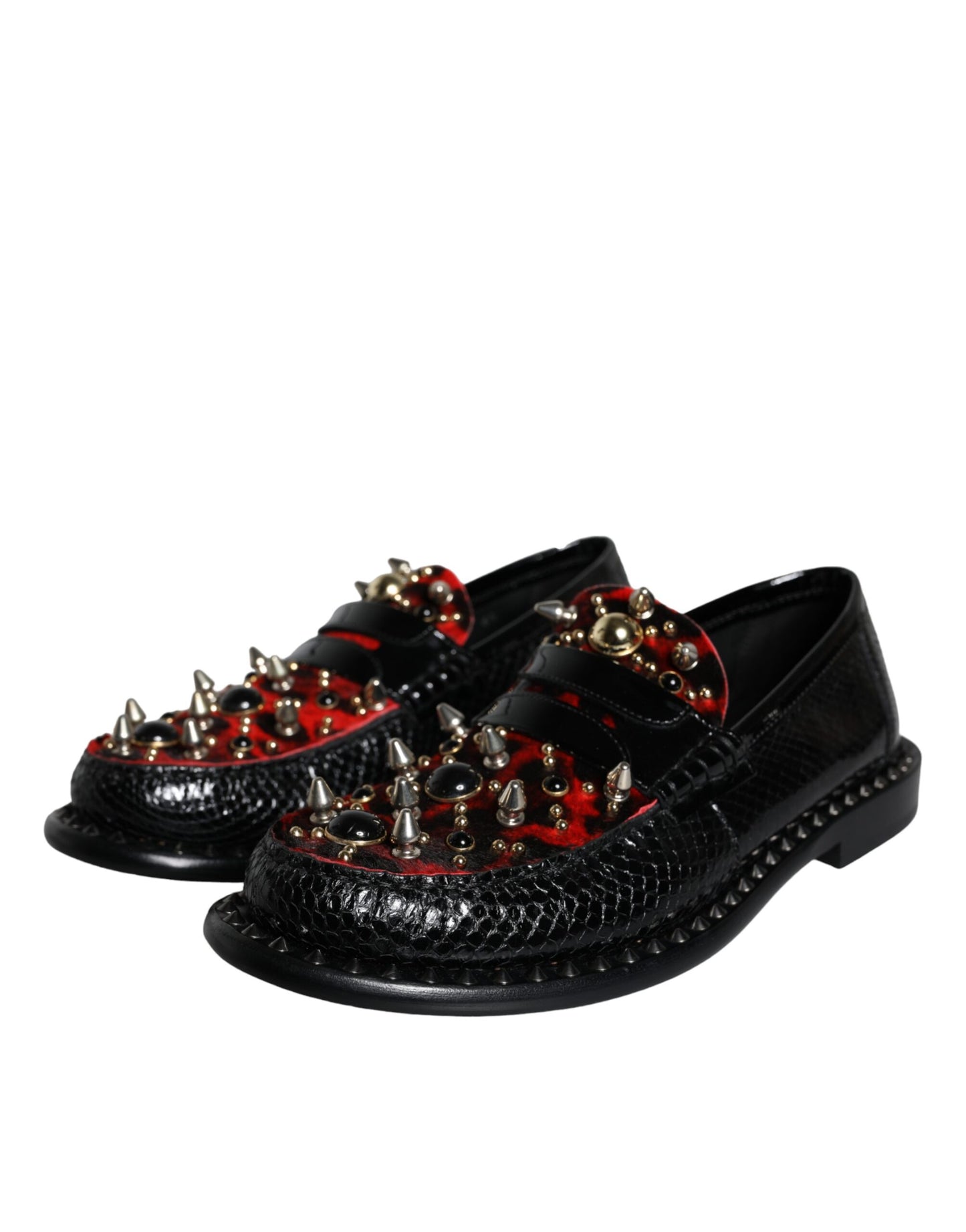 Dolce & Gabbana Schwarze Leopard Print Nieten Leder Loafers Schuhe