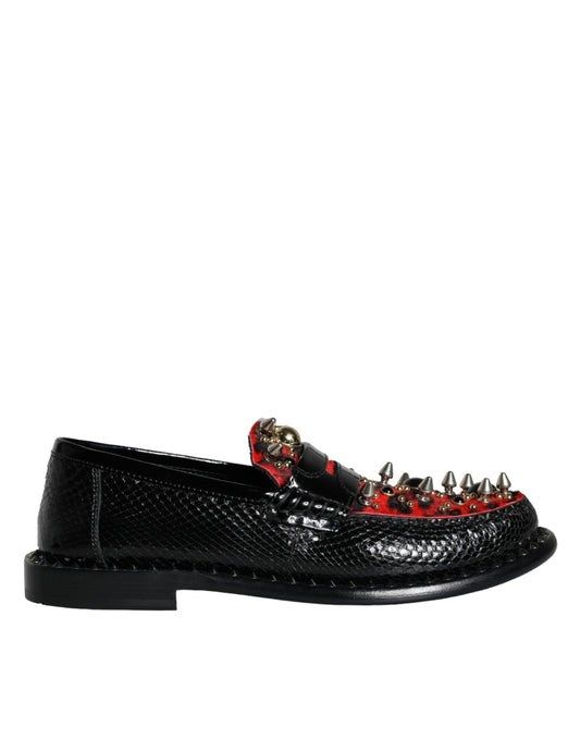 Dolce & Gabbana Schwarze Leopard Print Nieten Leder Loafers Schuhe