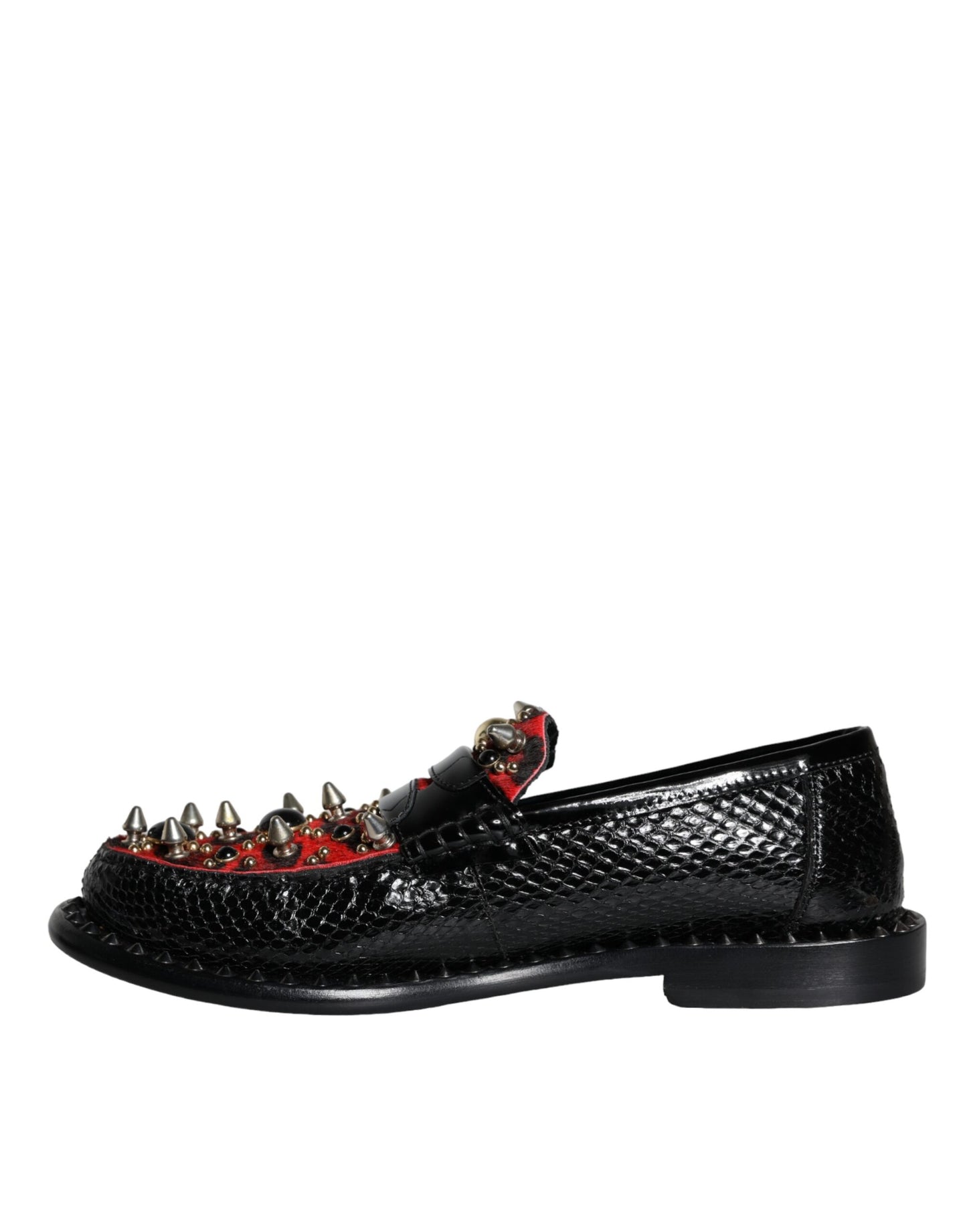 Dolce & Gabbana Schwarze Leopard Print Nieten Leder Loafers Schuhe