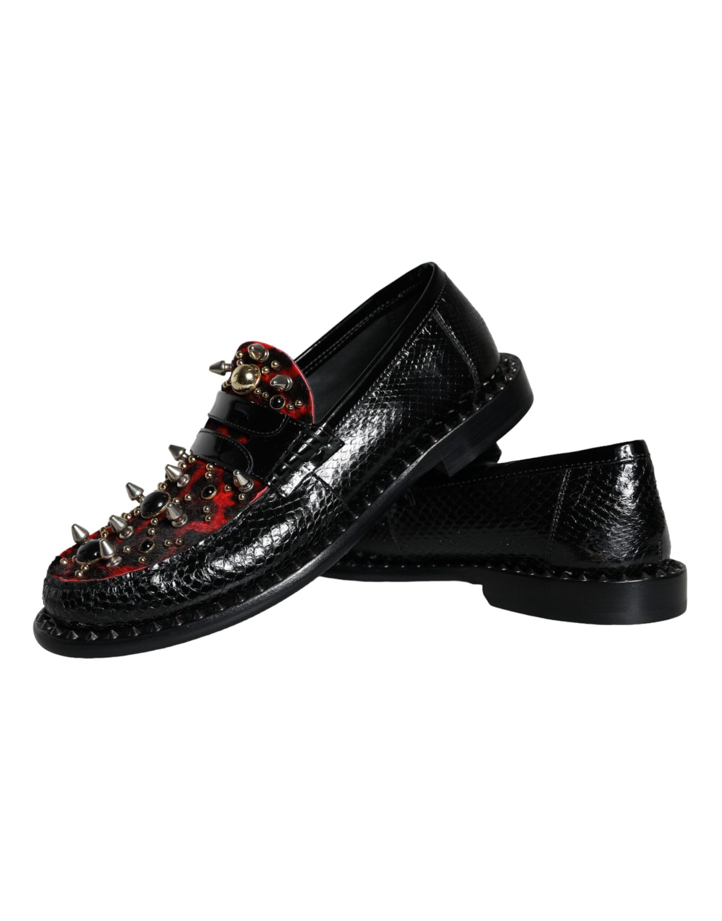 Dolce & Gabbana Schwarze Leopard Print Nieten Leder Loafers Schuhe