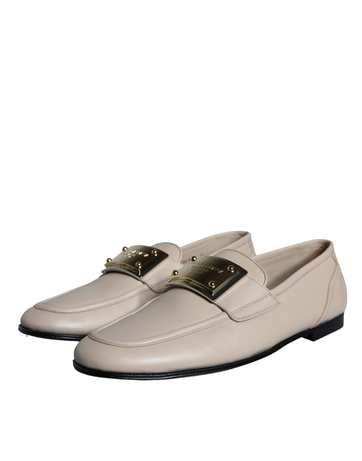 Dolce & Gabbana Beige Leder Logo Plaque Slip On Männer Loafers Schuhe