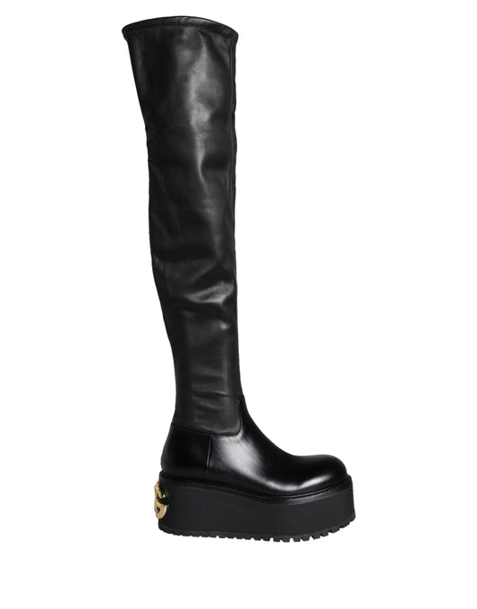 Dolce & Gabbana Schwarze Leder Logo Kniehohe Stiefel Schuhe