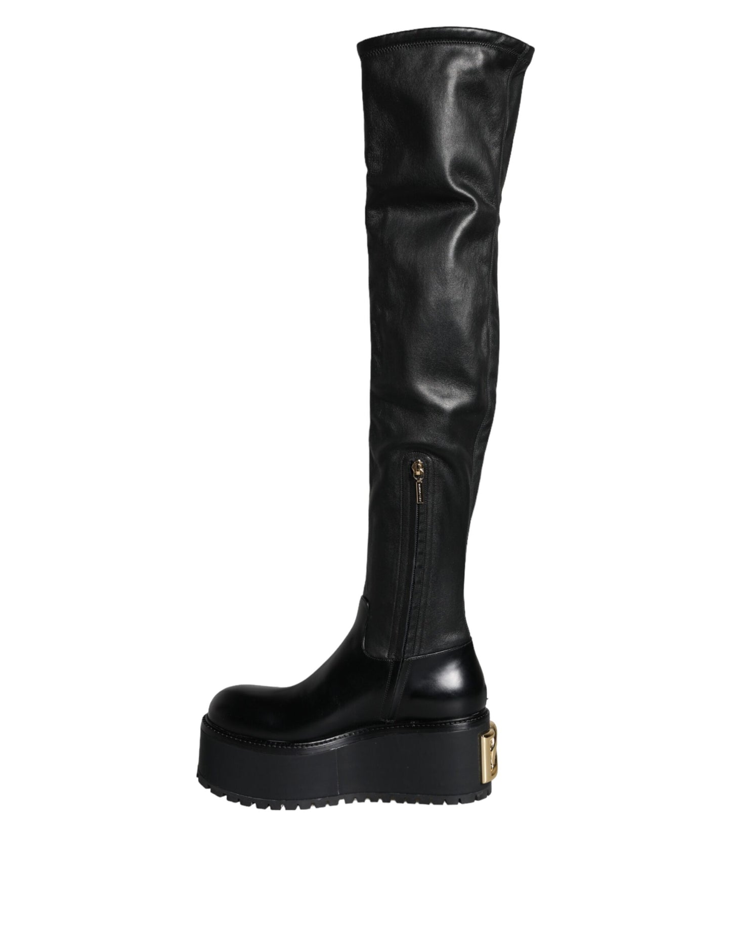 Dolce & Gabbana Schwarze Leder Logo Kniehohe Stiefel Schuhe