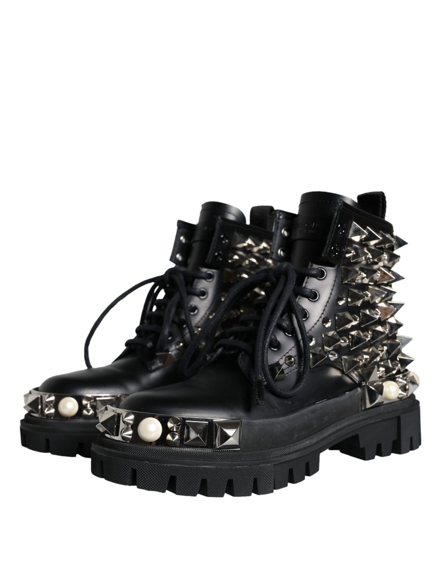 Dolce & Gabbana Schwarz Leder Nieten verschönert Kampfstiefel Schuhe