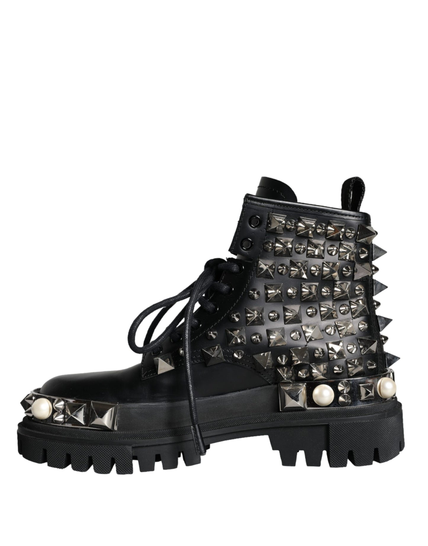 Dolce & Gabbana Schwarz Leder Nieten verschönert Kampfstiefel Schuhe