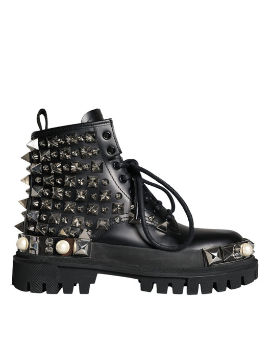 Dolce & Gabbana Schwarz Leder Nieten verschönert Kampfstiefel Schuhe