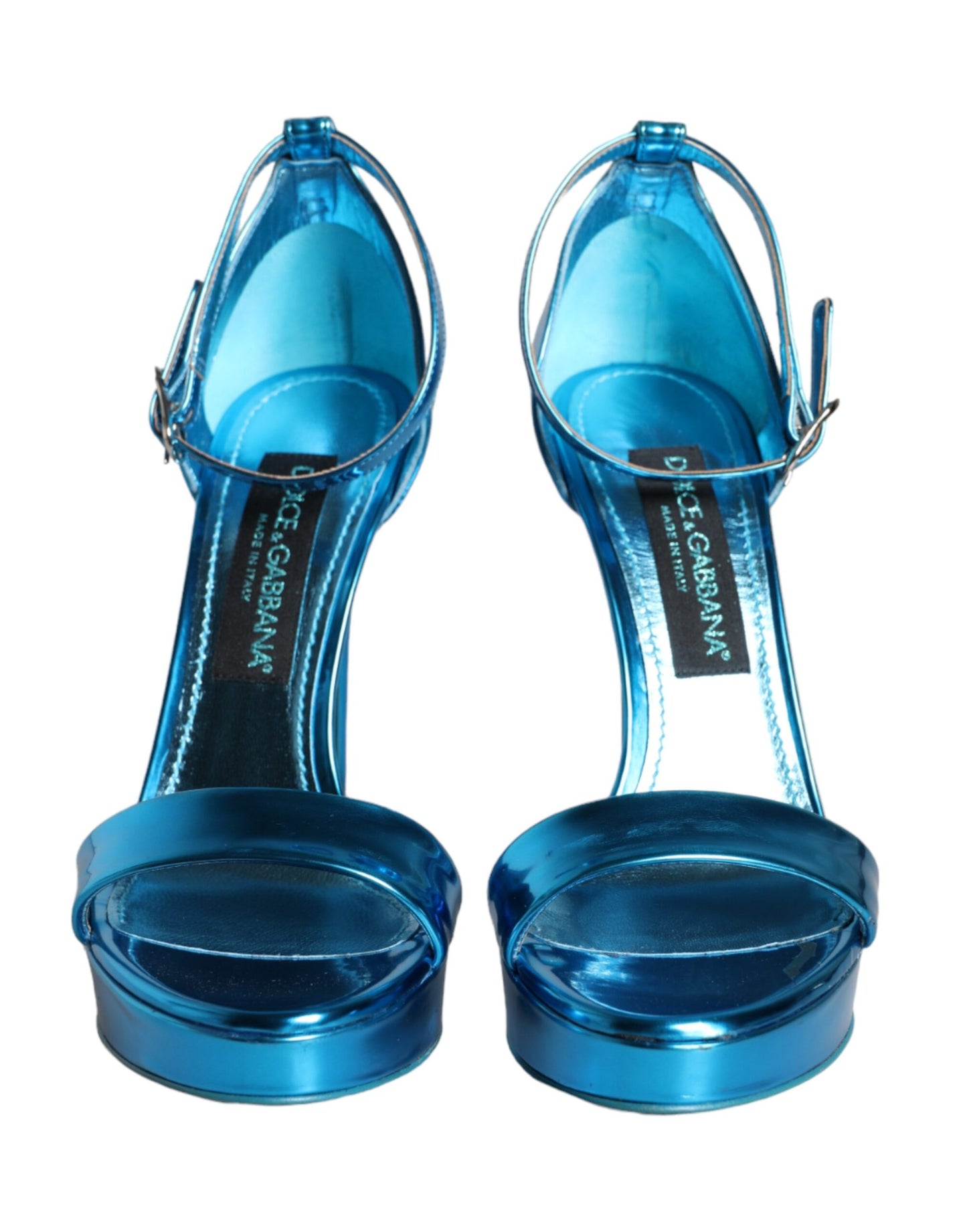 Dolce & Gabbana Metallic Blau Leder Keira Sandalen Schuhe