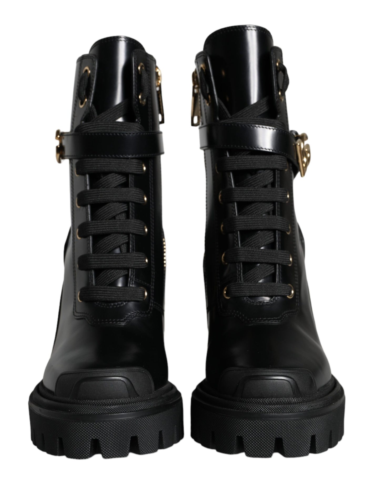 Dolce & Gabbana Schwarzes Kalbsleder Logo Trekking Biker Stiefel Schuhe