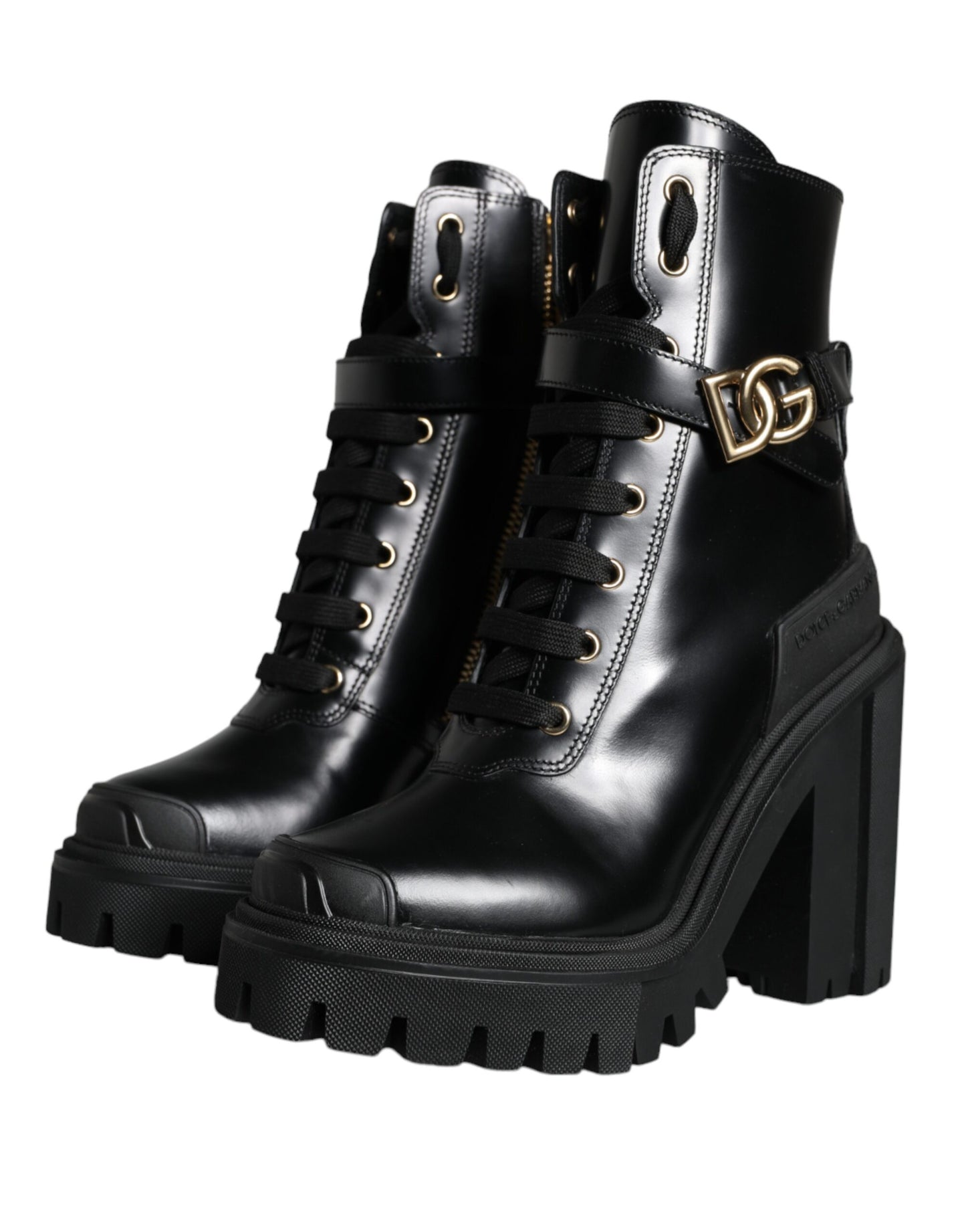 Dolce & Gabbana Schwarzes Kalbsleder Logo Trekking Biker Stiefel Schuhe