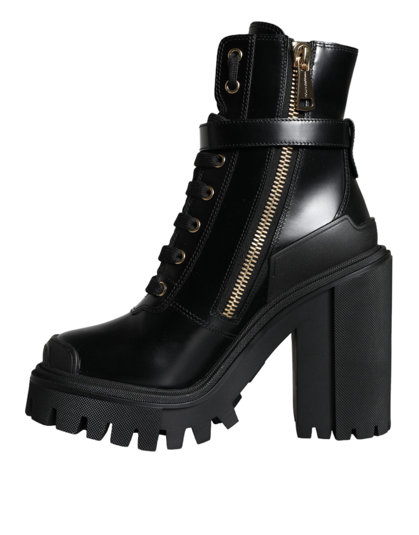 Dolce & Gabbana Schwarzes Kalbsleder Logo Trekking Biker Stiefel Schuhe