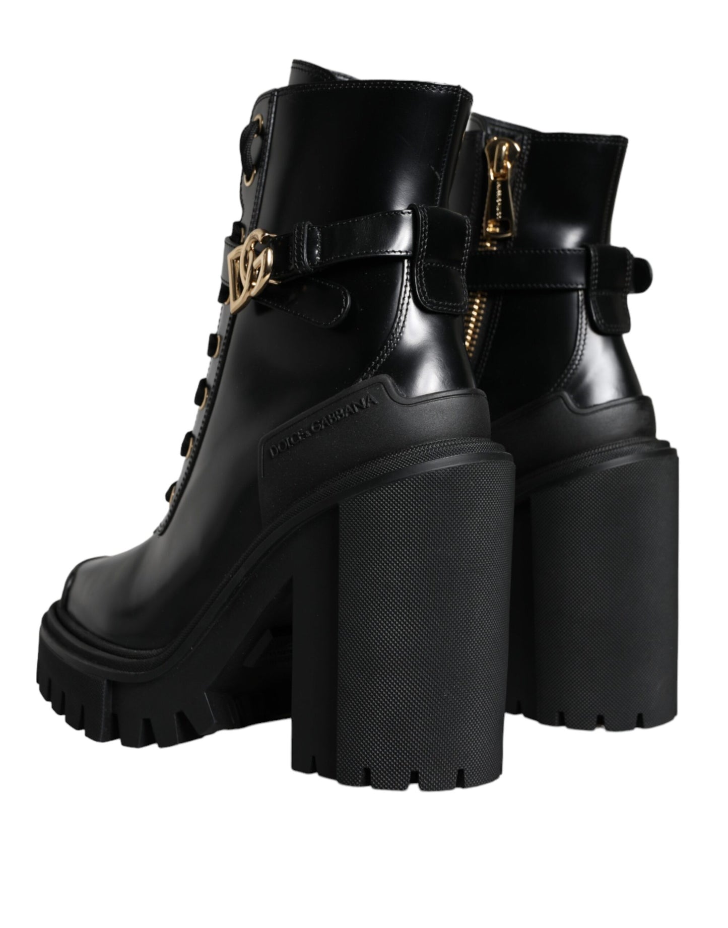 Dolce & Gabbana Schwarzes Kalbsleder Logo Trekking Biker Stiefel Schuhe