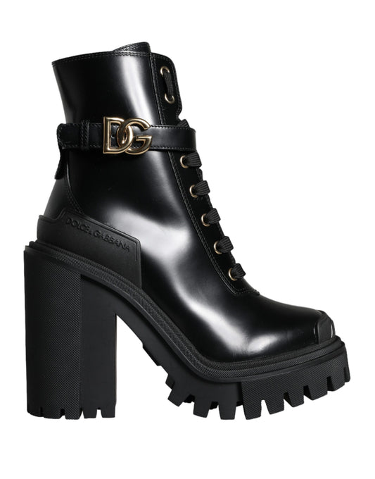 Dolce & Gabbana Schwarzes Kalbsleder Logo Trekking Biker Stiefel Schuhe