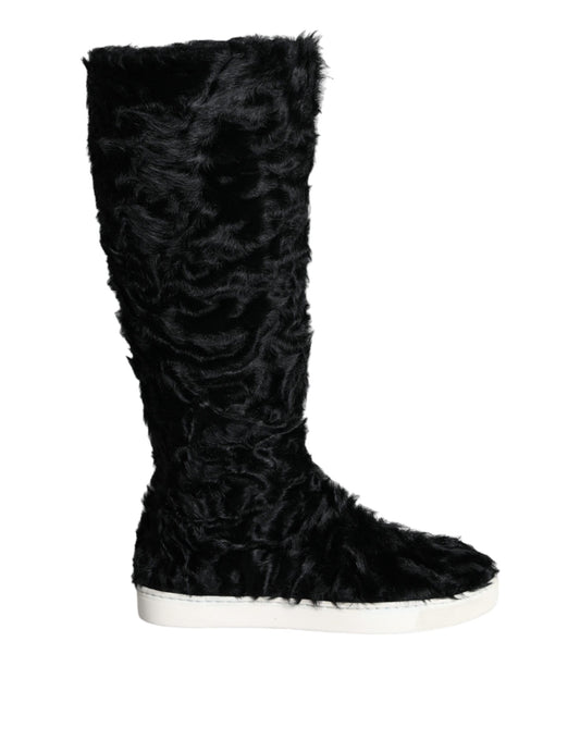 Dolce & Gabbana Schwarz Xiangao Lammfell Leder Stiefel Schuhe